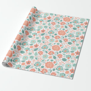 Minimalistische koraal en groene abstracte bloemen cadeaupapier