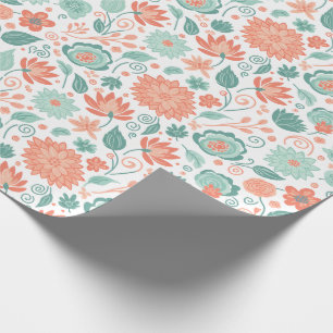 Minimalistische koraal en groene abstracte bloemen cadeaupapier