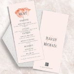 Minimalistische Koraalbloem Twee Entree Menu<br><div class="desc">Deze eenvoudige 4 "x 9" bruiloft menu's zijn voorzien van een enkele koraal waterverf poppy Het menu bevat plaatsaanduidingen voor twee appetizers,  twee voorgerechten en twee desserts. Voeg de namen van het paar samen met je trouwwebsite toe om je eigen QR-code op de achterkant te creëer.</div>