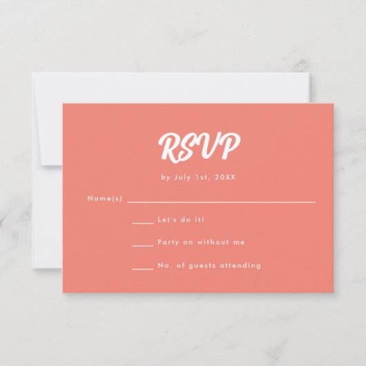 Minimalistische koraalroze scriptuur trouw RSVP kaartje (Voorkant)