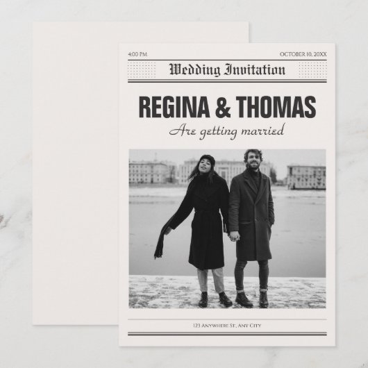 Minimalistische krant poster foto bruiloft kaart (Voorkant / Achterkant)
