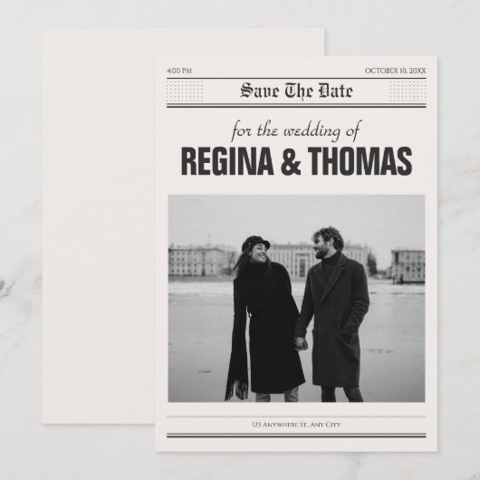 Minimalistische krant poster foto bruiloft save the date (Voorkant / Achterkant)