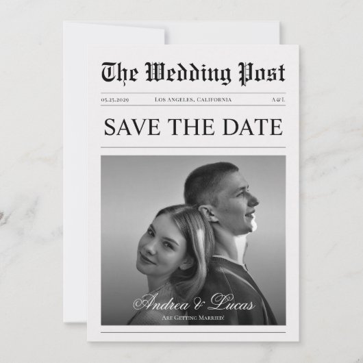 Minimalistische krantenfoto Save the Date Wedding Kaart (Voorkant)