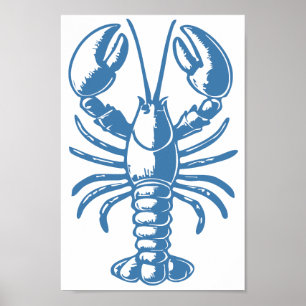 Minimalistische kreeft Line Art Blue Outline Nauti Poster