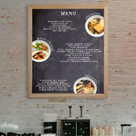 Minimalistische krijtbordmenu's en foto's van eten poster