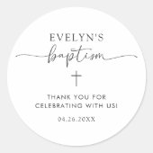 Minimalistische kruis gepersonaliseerde doop Dank Ronde Sticker (Voorkant)