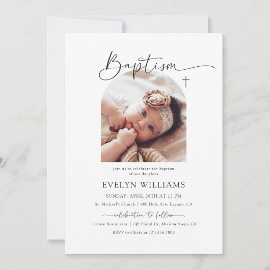 Minimalistische kruisdoop en doopfoto kaart (Voorkant)