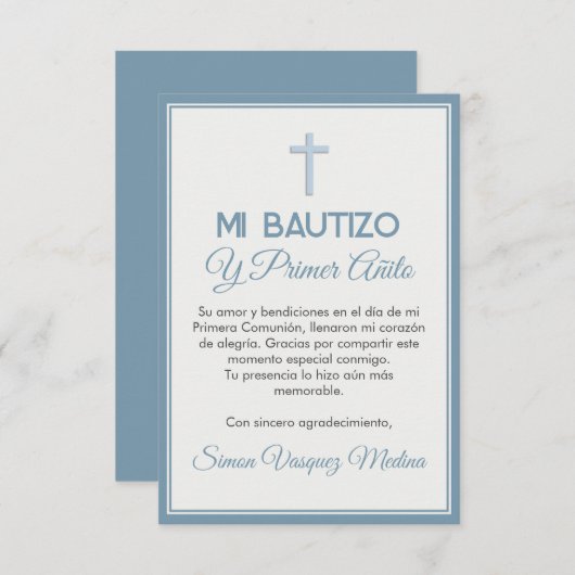 Minimalistische kruisdoop en eerste verjaardag bedankkaart (Voorkant / Achterkant)