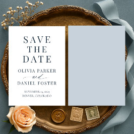 Minimalistische Kust Blauwe Trouwkaart 'Save the D Save The Date
