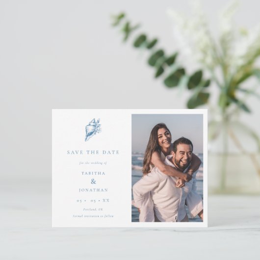 Minimalistische Kust Bloemen Zeeschelp Foto bruilo Aankondigingskaart (Staand voorkant)