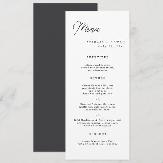Minimalistische lange script huwelijksmenu kaart (Voorkant / Achterkant)