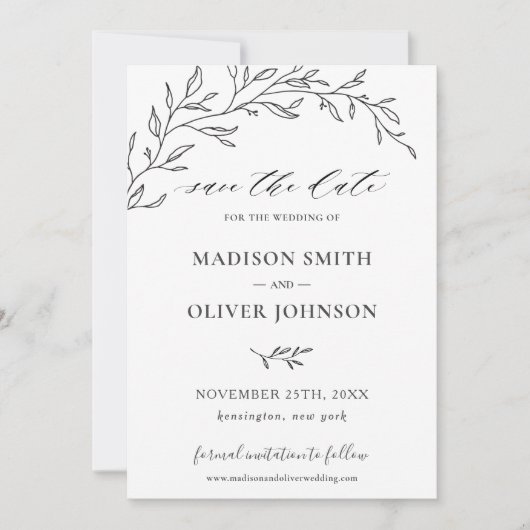 Minimalistische Laurel Branch Leafy Save the Date Kaart (Voorkant)