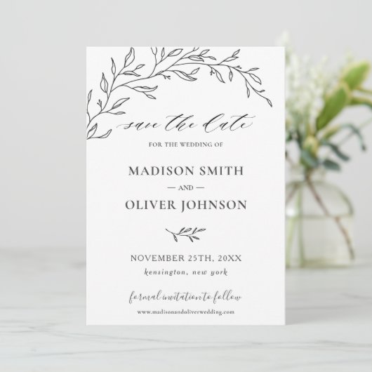 Minimalistische Laurel Branch Leafy Save the Date Kaart (Staand voorkant)