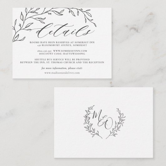 Minimalistische Laurel Line Branch bruiloft detail Informatiekaartje (Voorkant / Achterkant)