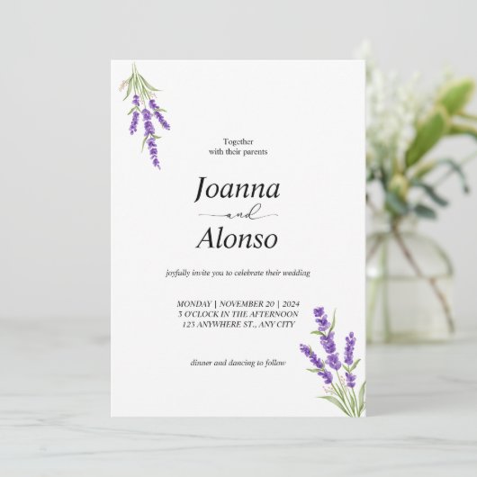 Minimalistische Lavendel bruiloft Bloemen Kaart (Staand voorkant)