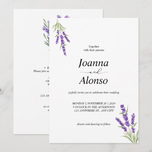 Minimalistische Lavendel bruiloft Bloemen Kaart (Voorkant / Achterkant)