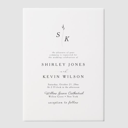 Minimalistische Leaf Monogram Modern Wedding Vellum Uitnodigingen (Voorkant)