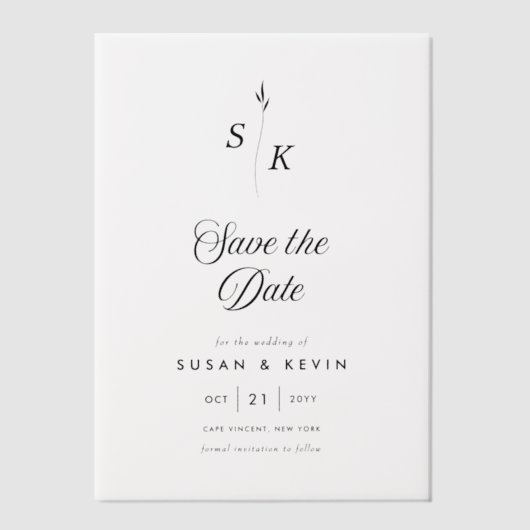 Minimalistische Leaf Monogram Wedding Save the Dat Vellum Uitnodigingen (Voorkant)