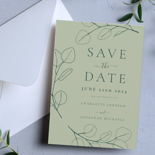 Minimalistische Leaf Stijlvolle Groene bruiloft Save The Date