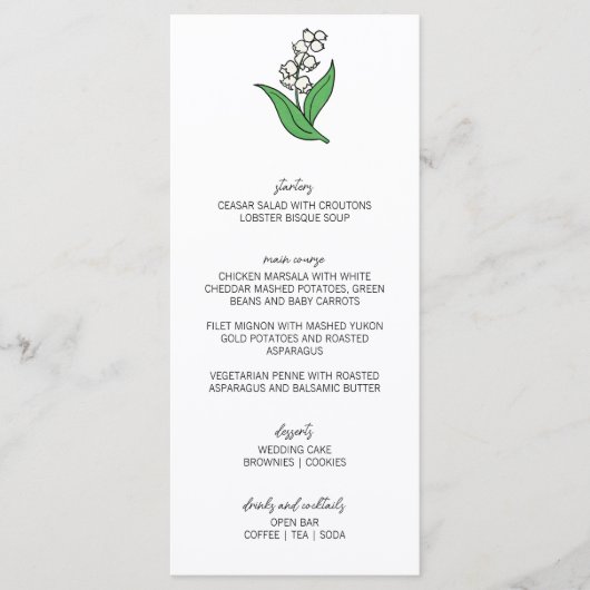 Minimalistische Lelie van de Vallei Trouwen Menu (Voorkant)