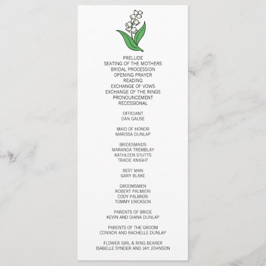 Minimalistische Lelie van de Vallei Trouwprogramma Programmakaart (Voorkant)