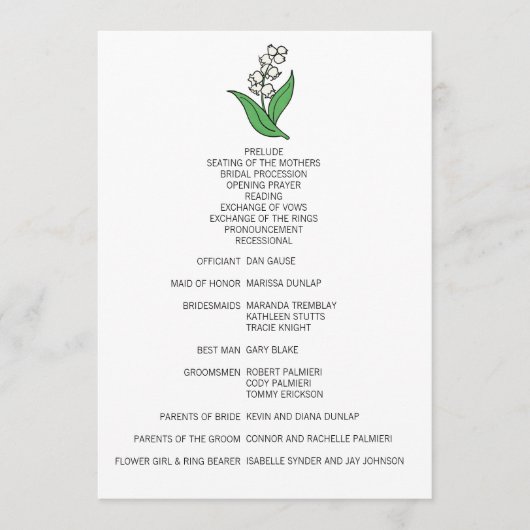 Minimalistische Lelie van de Vallei Trouwprogramma Programmakaart (Voorkant)
