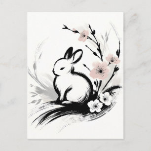 Minimalistische lente Zen-konijn kersenbloesems Aankondigingskaart