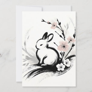Minimalistische lente Zen konijn kersenbloesems Feestdagenkaart