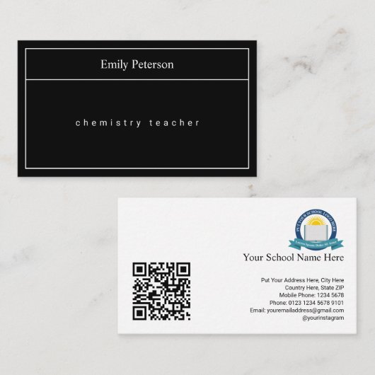 Minimalistische leraar met QR-code en Logo op scho Visitekaartje (Voorkant / Achterkant)