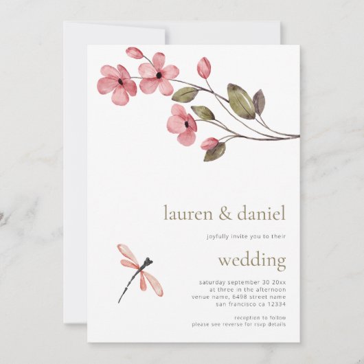 Minimalistische libel Wildflower QR Blue bruiloft Kaart (Voorkant)