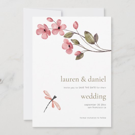 Minimalistische libel Wildflower QR Blue bruiloft Save The Date (Voorkant)