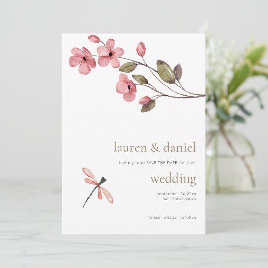 Minimalistische libel Wildflower QR Blue bruiloft Save The Date (Staand voorkant)