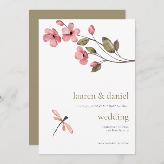 Minimalistische libel Wildflower QR Blue bruiloft Save The Date (Voorkant / Achterkant)