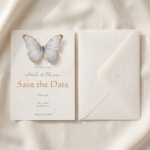 Minimalistische Lichtblauwe Vlinder Save the Date Kaart