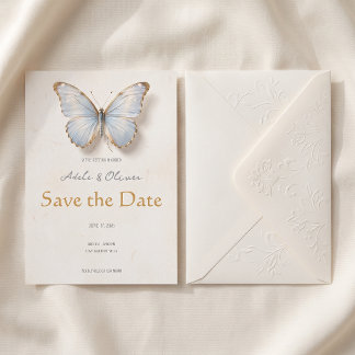 Minimalistische Lichtblauwe Vlinder Save the Date Kaart