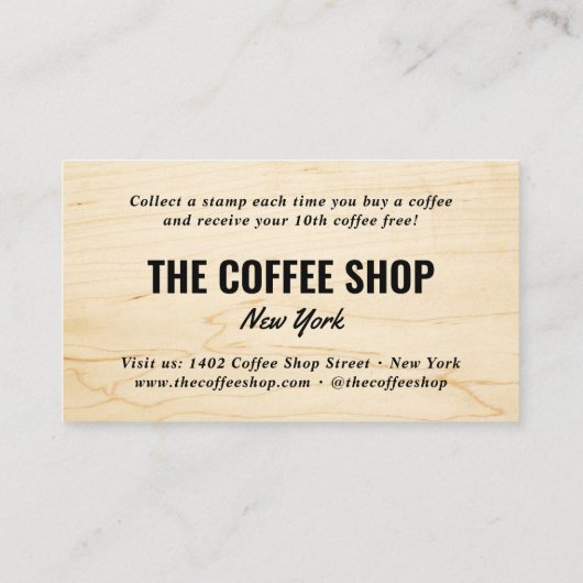 Minimalistische lichte houtnerf rustieke coffeesho klantenkaartje (Achterkant)