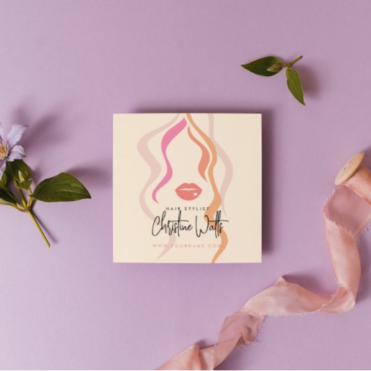 Minimalistische lichte perzik kapper golvend haar  vierkante visitekaartje