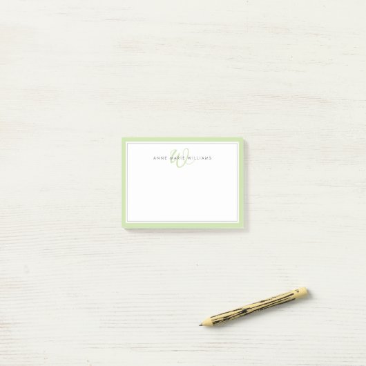 Minimalistische lichtgroene script twee rand monog post-it® notes (Op bureau)
