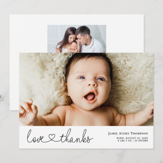 Minimalistische liefde en Bedankt Fotogeboorteaank Aankondiging (Voorkant / Achterkant)