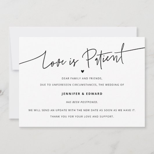 Minimalistische liefde is geduldig bruiloft update kaart (Voorkant)