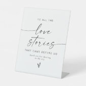 Minimalistische liefdesverhalen bruiloft bedankt reclamebord met voetstuk (Voorkant)