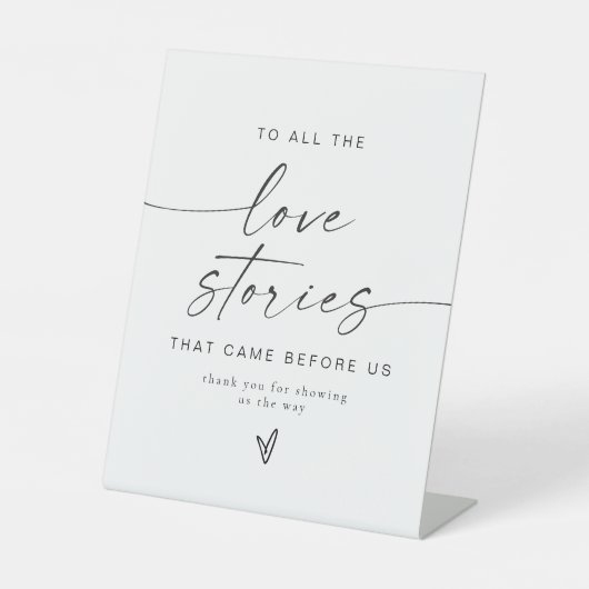 Minimalistische liefdesverhalen bruiloft bedankt reclamebord met voetstuk (Voorkant)