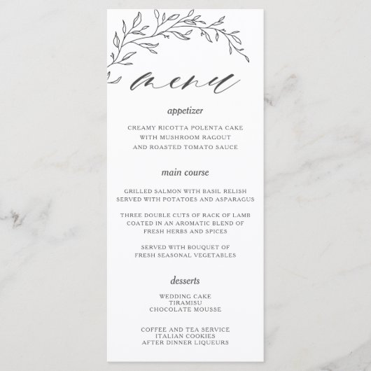 Minimalistische Lijn Laurel Leaf Tak Bruiloft Menu (Voorkant)
