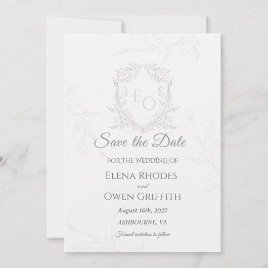 Minimalistische Lijnkunst Crest Save the Date Huwe (Voorkant)