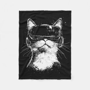 Minimalistische lijnkunst gamer kat in VR-headset  Fleece Deken