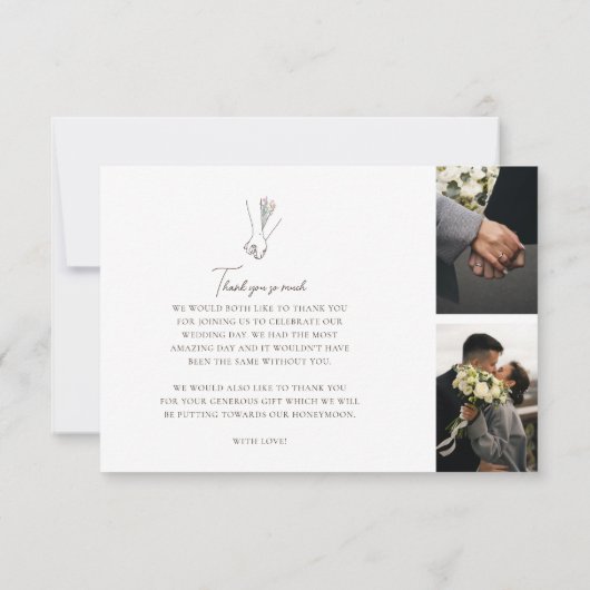 Minimalistische lijnkunst hand in hand bloemen bedankkaart (Achterkant)