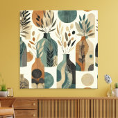 Minimalistische lijnkunst met aardse tonen en blad canvas afdruk (Insitu (Woonkamer))