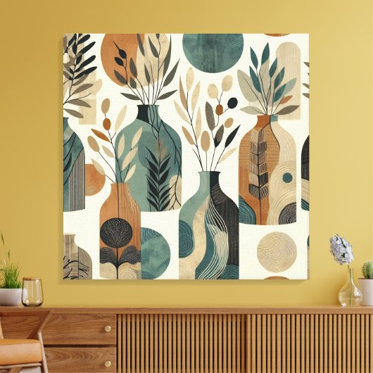 Minimalistische lijnkunst met aardse tonen en blad canvas afdruk (Insitu (Woonkamer))