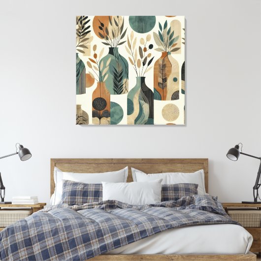 Minimalistische lijnkunst met aardse tonen en blad canvas afdruk (Insitu (Slaapkamer))
