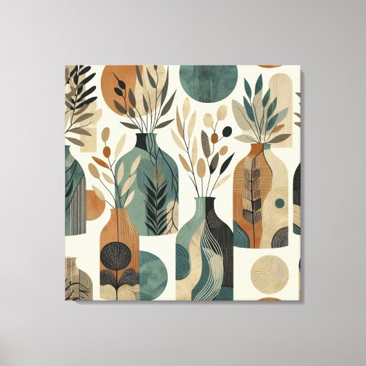 Minimalistische lijnkunst met aardse tonen en blad canvas afdruk (Voorkant)